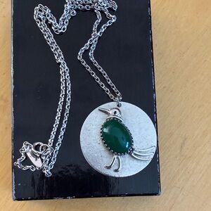 Vintage Whiting & Davis Silvertone  green stone Bird Pendant Necklace